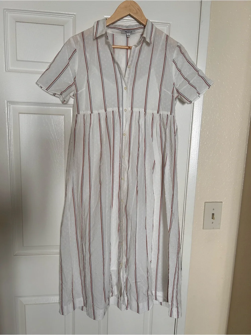 Madewell White Clip Dot Midi Shirt Dress with Blue and Rust Stripes Size Small - Picture 3 of 6